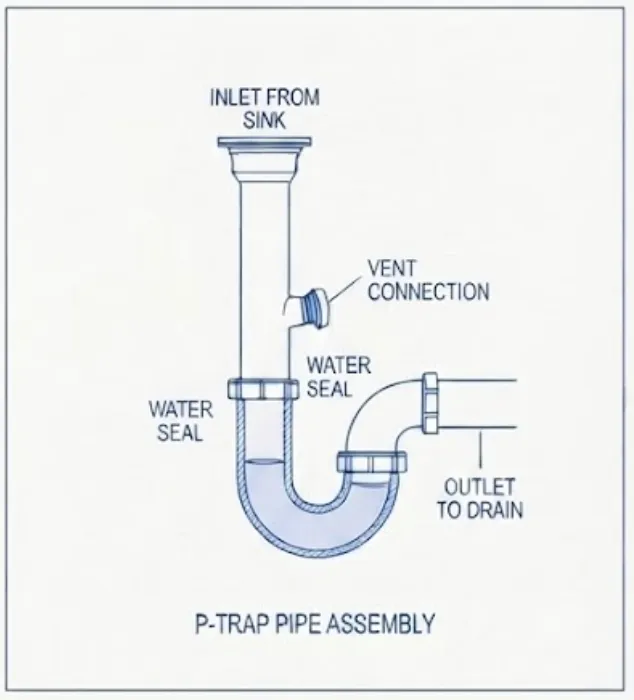Plumbing technical schematic: P-trap pipe assembly